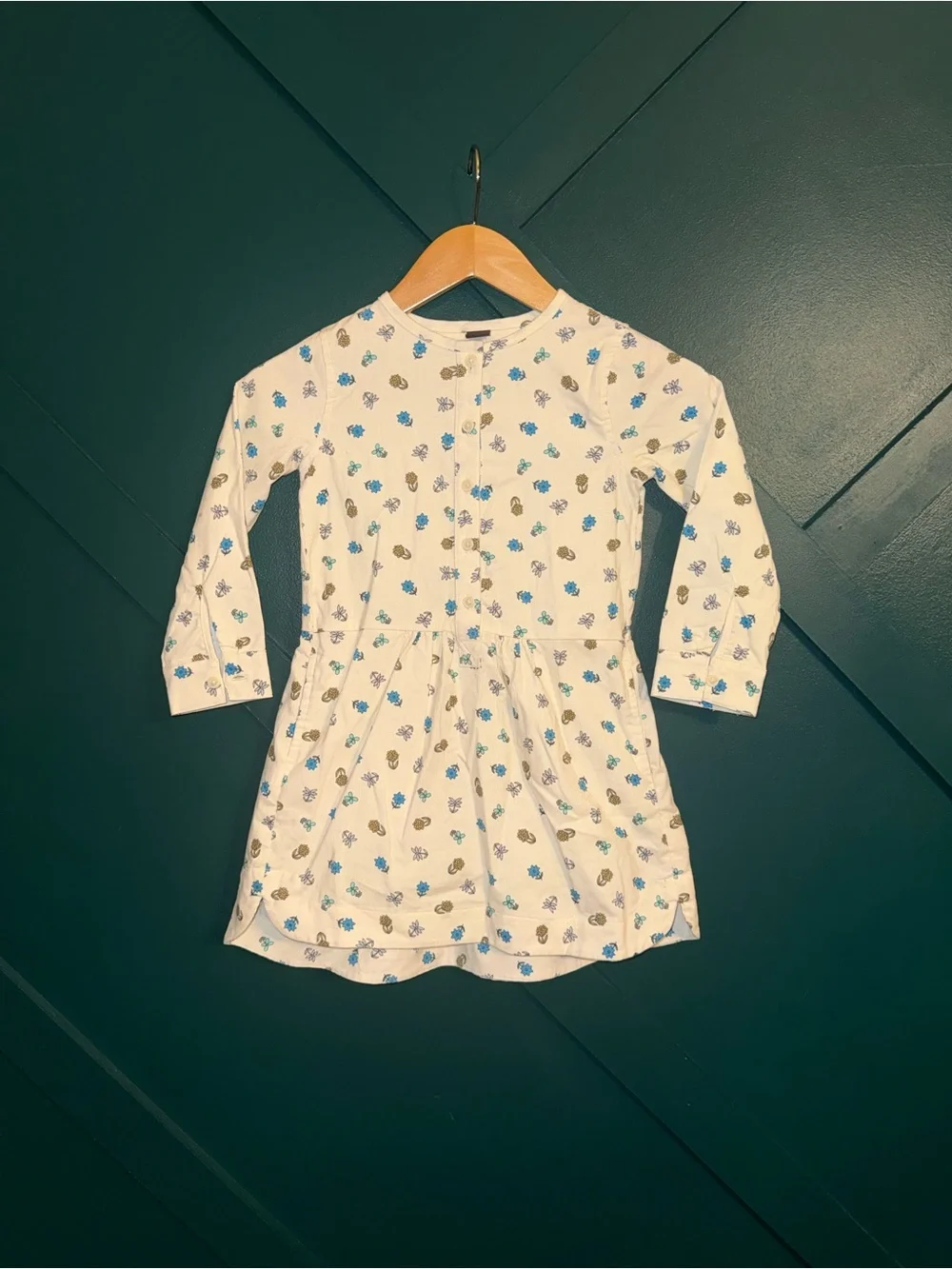 Tea Floral Long Sleeve Dress Size 5 Cream Blue Button Front Twirl Cottagecore